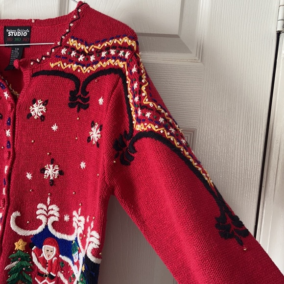 Designers originals vtg red Santa crew neck button front ugly Christmas sweater - Picture 9 of 17